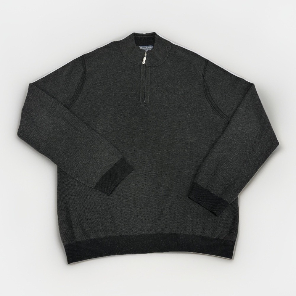 Tommy Bahama Reversible Quarter Zip Sweater XL Gray 100%‎ Pima Cotton Pullover